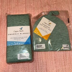 Copper Pearl Emerson Sage Green swaddle & top knot beanie set New! baby